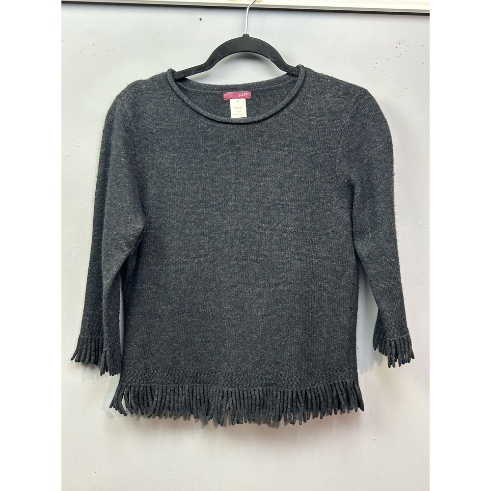 J Crew Sweater Womens Medium‎ Gray Lambswool Fringe Hem Pullover Boho Cozy Knit